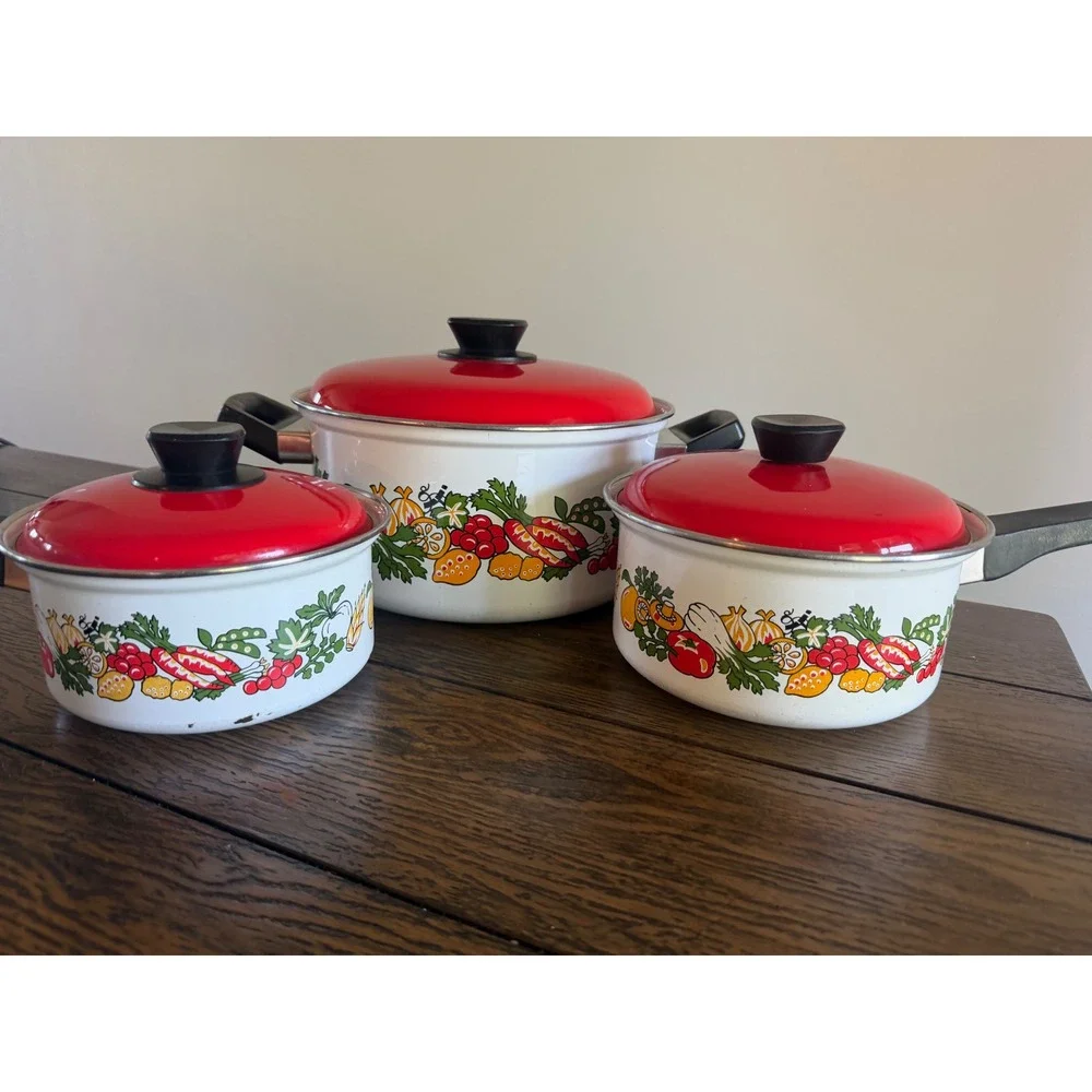 Vintage Enamel Cookware Set 3 Pots Red Lids White Vegetable Print Good Retro 70s